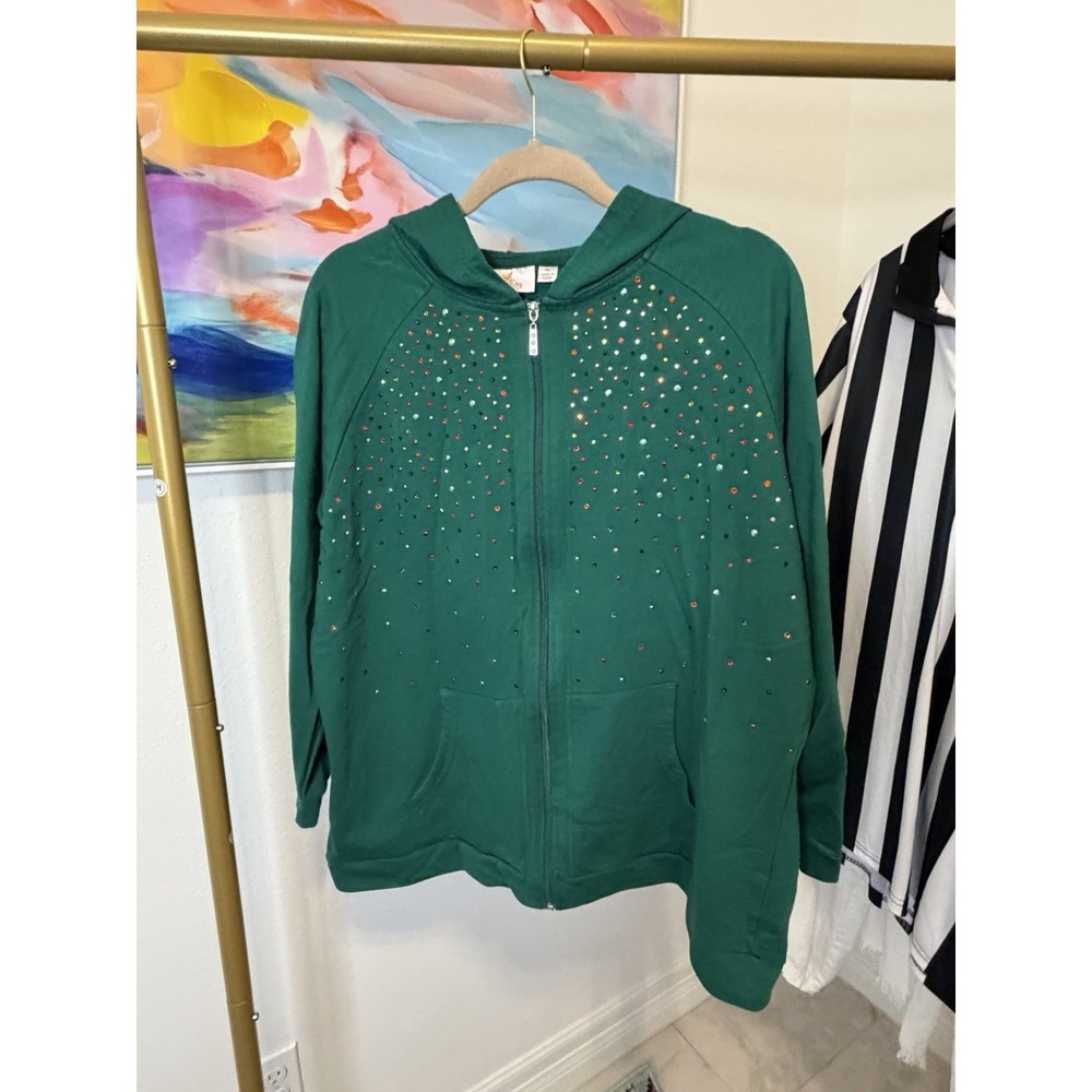 Women's Green Jeweled Christmas Zip Hoodie‎  Size XL